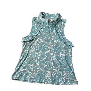 X by Gottex Sleeveless Teal Polka Dot Blouse Summer Top Ruffled Collar Women's M